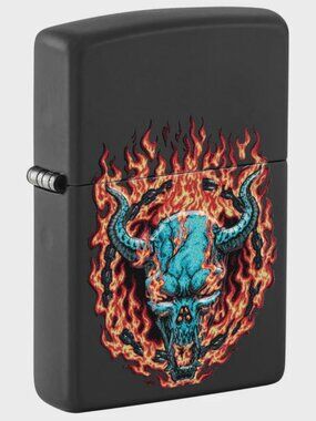 Burning Devil Skull, Raised Print - Black Matte ZIPPO LIGHTER